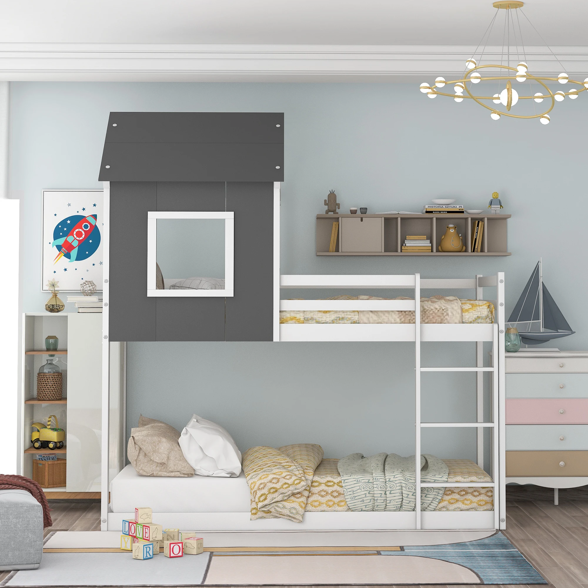 

Low Bunk Bed, House Bed with Roof, Gray and White (New)