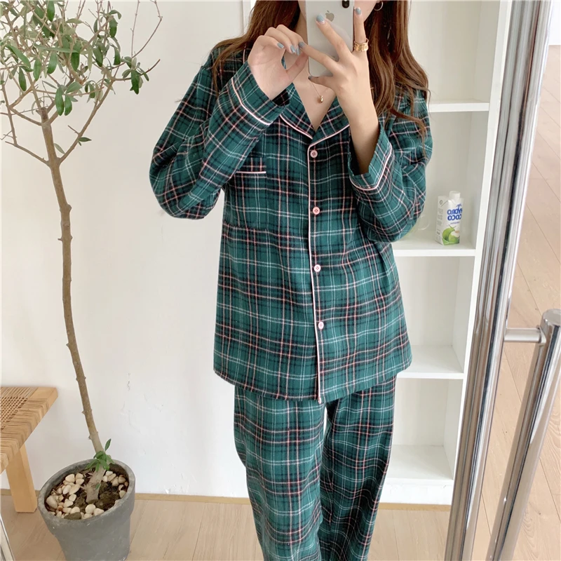 

Alien Kitty 2021 New Spring Two Piece Suit Cardigans Plaid Korean Nightwear Sweet Soft Casual Homewear Loose Fashion Pajamas Set
