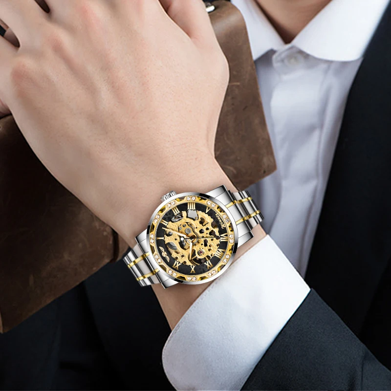 

Winner Transparent Fashion Diamond Luminous Gear Movement Royal Design Men Top Brand Luxury Male Mechanical Skeleton Wrist Watch