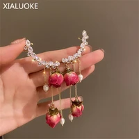 xialuoke asymmetric tassels shine rhinestone pearl roses drop earrings for women crystal long ear bones earrings party jewelry