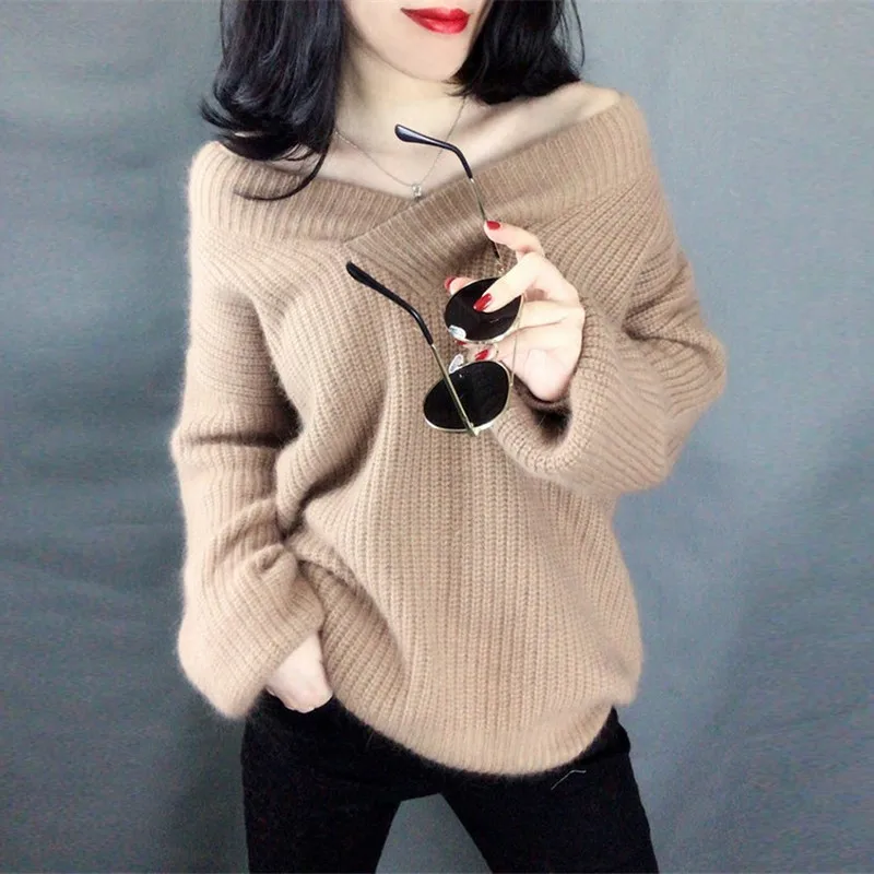 Loose Casual Lantern Sleeve Mohair Thicken Sweater Women Fashion Trend Simple V-neck Solid Color Pullover Sweater