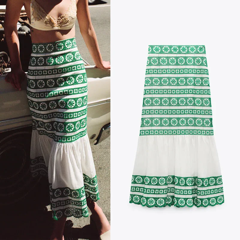 

Za 2021 Green Embroidery Midi Skirts Women Vintage High Waist Side Zip Summer Skirt Casual Ruffled Hem Beach Feminine Long Skirt