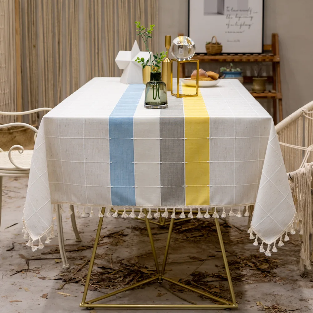 Fashion Stripe Designs Solid Decorative Linen Tablecloth With Tassels Rectangular Wedding Dining Table Cover Tea Cloth |