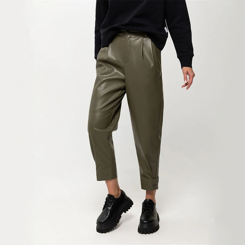 

2021 New Fashion Autumn Casual Solid Color Real Pocket Loose Leather Pants Office Ladies Basic Button Zipper Harem Pants