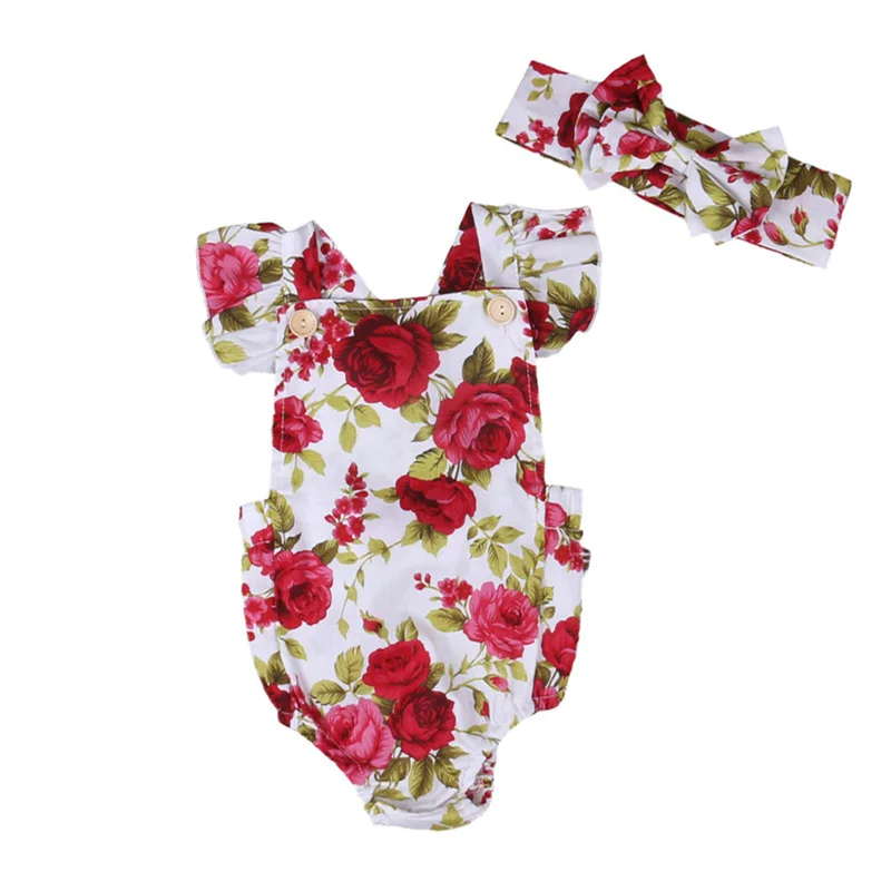 

Baby Girls Floral Ruffled Bodysuit + Headband 0-24M Newborn Infant Toddler Summer Casual Cotton Sleeveless Jumpsuit Outfit