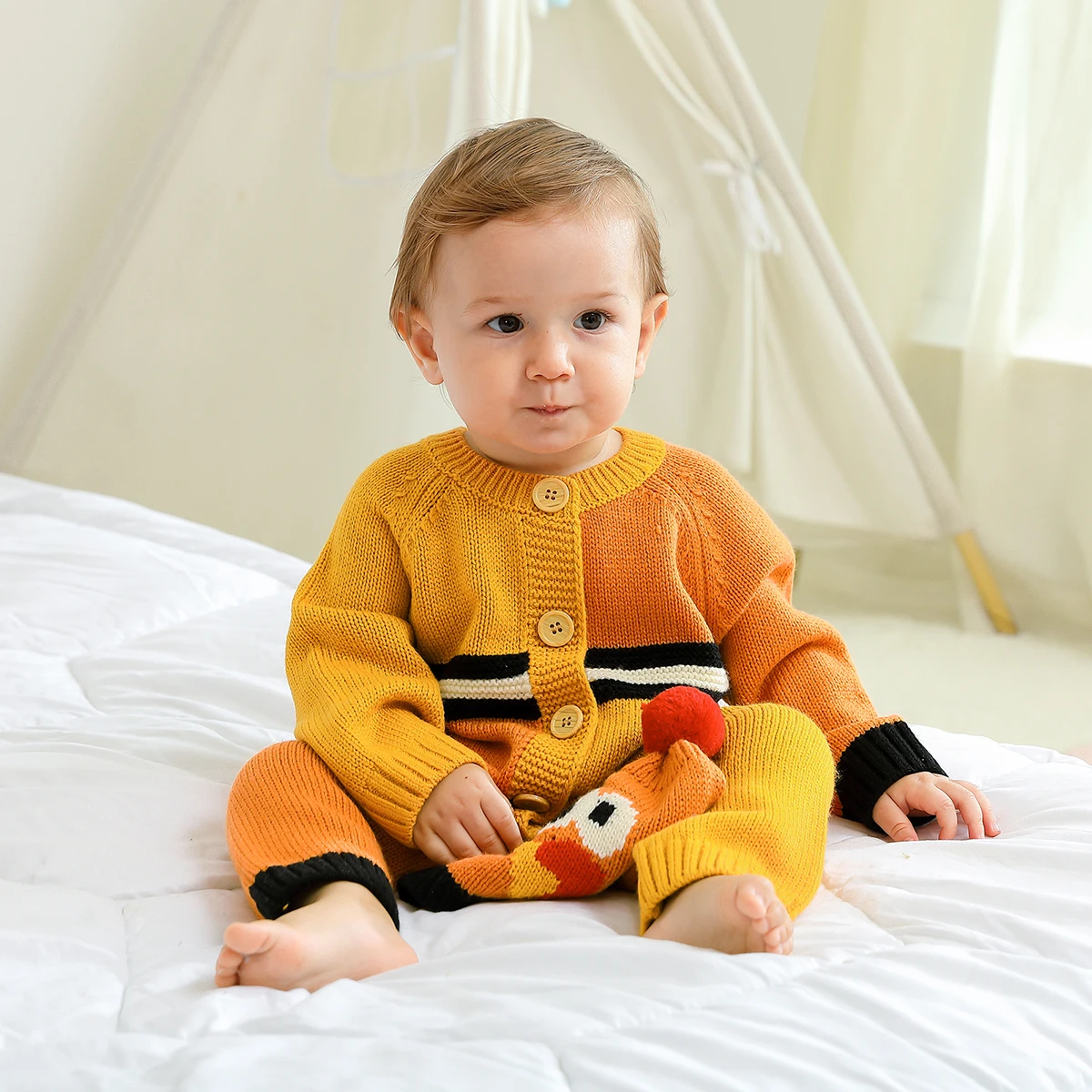

Baby Knitted Rompers for Newborn Boy Girl Super Soft Toddler Warm Jumpsuit Clothing Infant Autumn Bodysuit Overalls with Hat Set