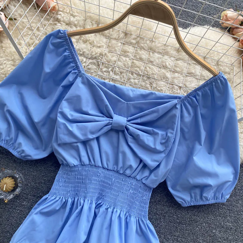 

5 Colors Women Short Sleeve Blouse Summer Square Collar Bow Solid Tops Female Puff Sleeve Elastic Waist Slim Crop Shirt