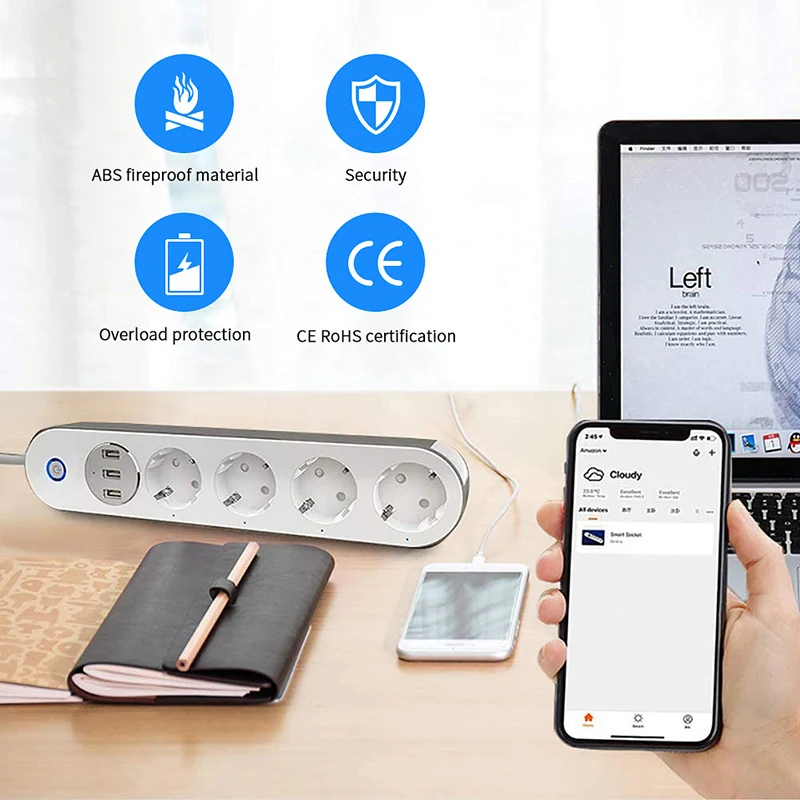 Умный удлинитель с Wi-Fi 4 евророзетки 3 USB-порта для зарядки | Электроника