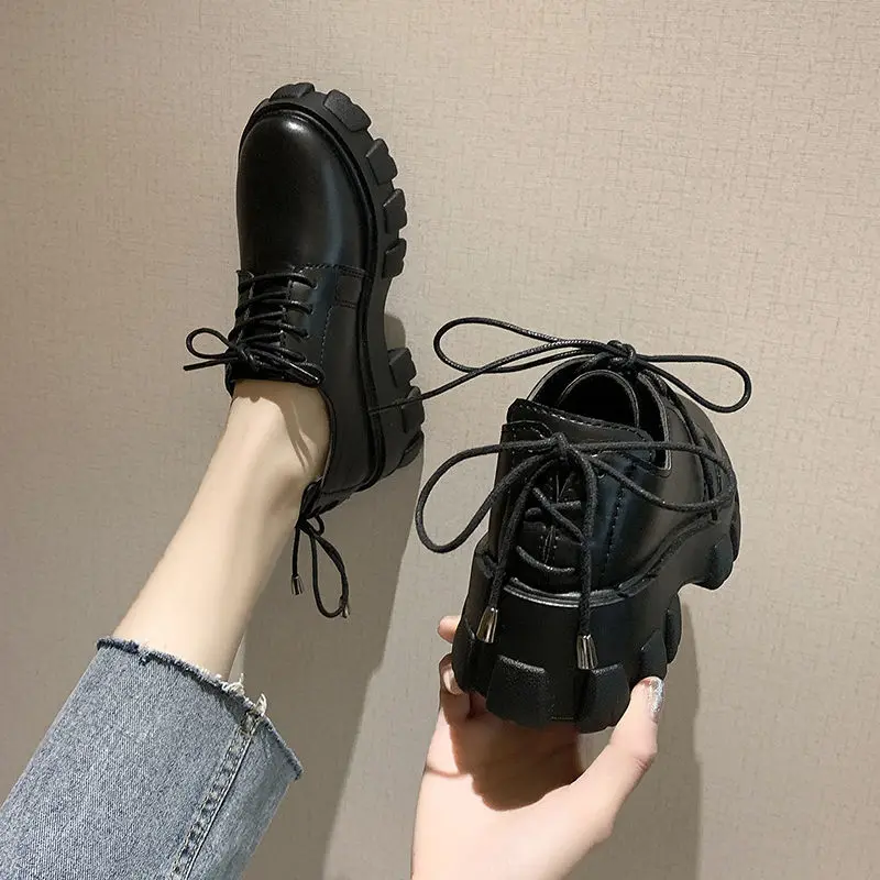 Women's Small Leather Shoes British Style Women's Boots Korean Version of The Wild Increase Platform Platform Single Shoes Women