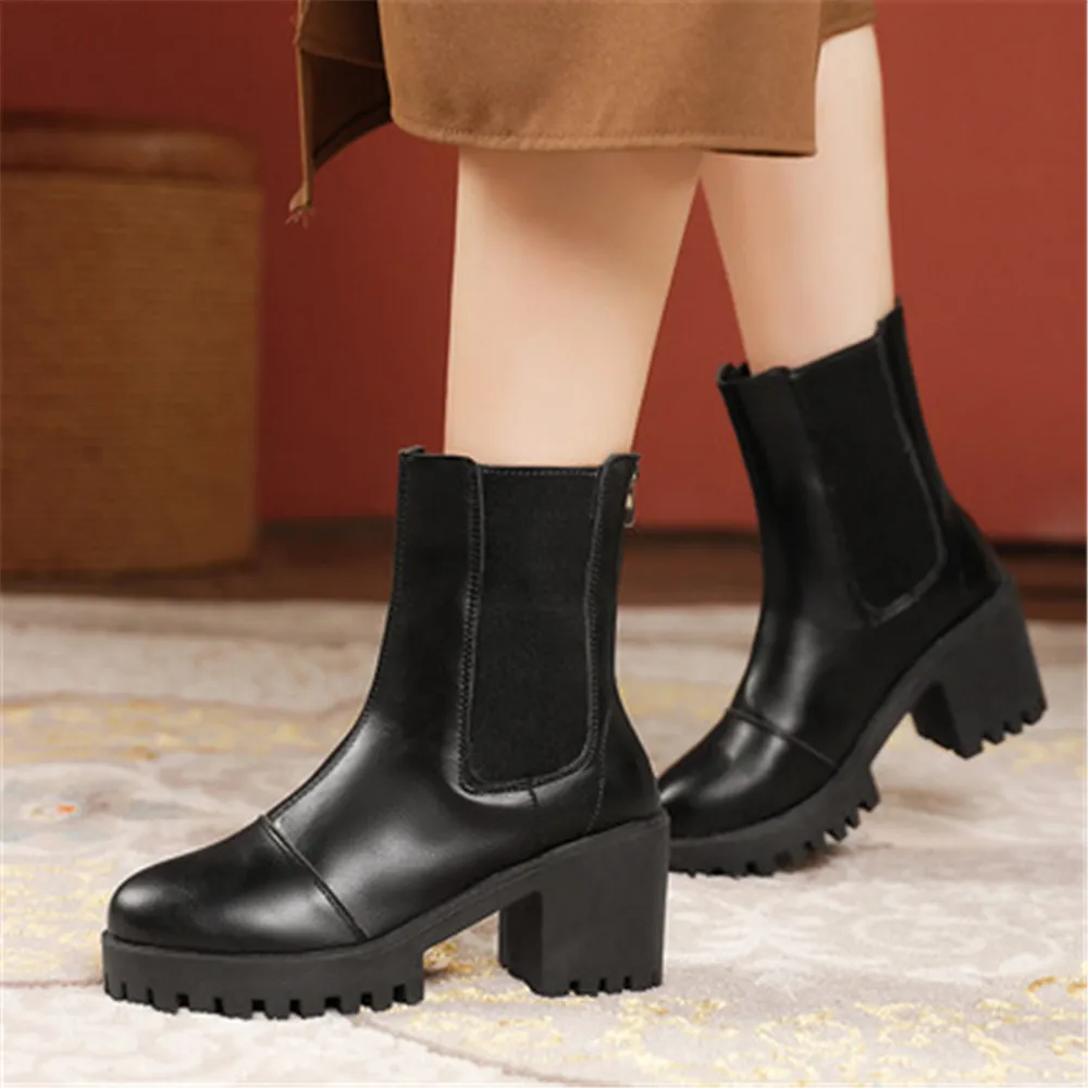 

Hot Goth Combat Booties Women Platform Ankle Boots Female Chunky Shoes Zipper Fashion Thick Heels Round Toe Leather Pumps 35-40