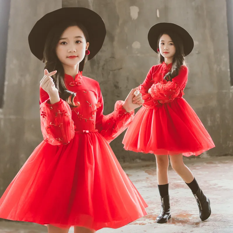 

Red Cheongsam Age For 4 - 14 Years Teenage girls 2021 Chinese New Years Day Children Clothes qipao Winter Warm Dress Kids Frocks