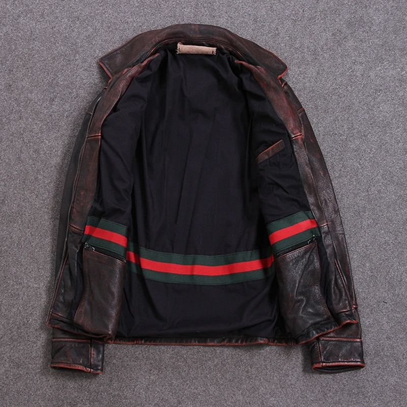 

Red 2020 Vintage Brown Men American Casual Style Leather Jacket Plus Size 5XL Genuine Cowhide Autumn Leather Coat FREE SHIPPING