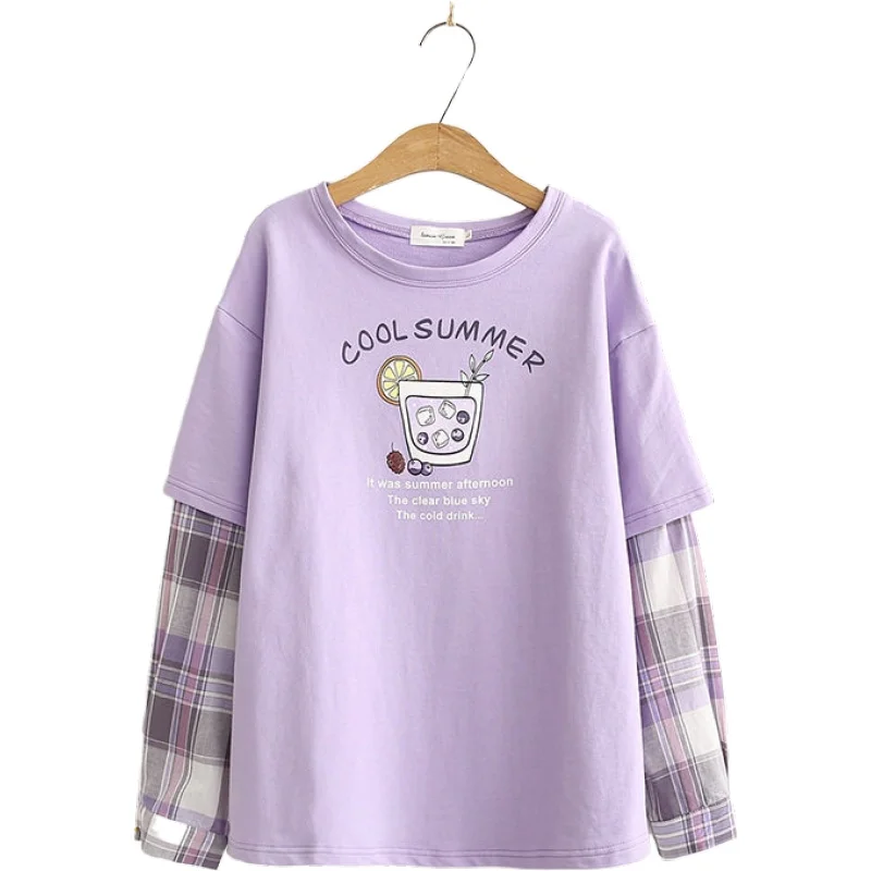 

Новые хлопковые футболки с круглым вырезом, Повседневная футболка с длинным рукавом и мультяшным принтом с имитацией двух частей, осенние б...