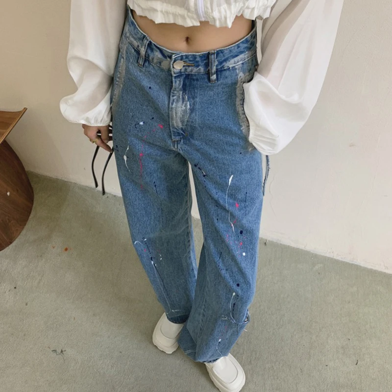 

Traf design, personality, star-shaped splash-ink irregular pocket jeans, 2022 spring and autumn new joker straight leg pants