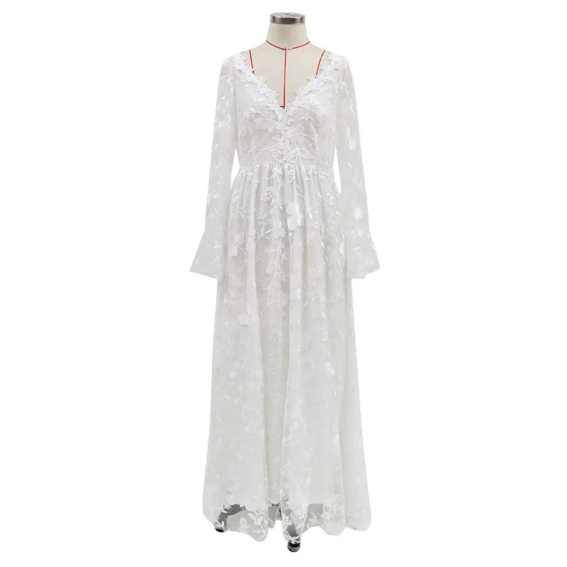 

2021 New Women Sexy Long Sleeve Lace Wedding Full Dress Fashion Eveining Party Formal Dress Beach Style