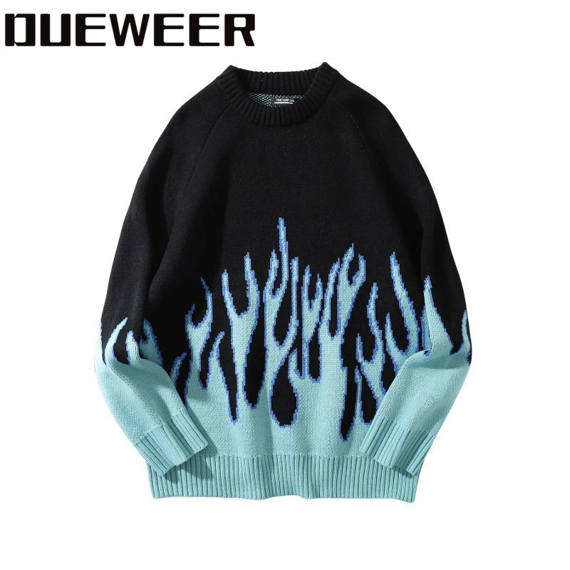 Dueweer Winter Harajuku Printed Pullovers Oversized Sweaters Flame Knitted Men Women Hip Hop Red Blue Flame Pullover Sweater