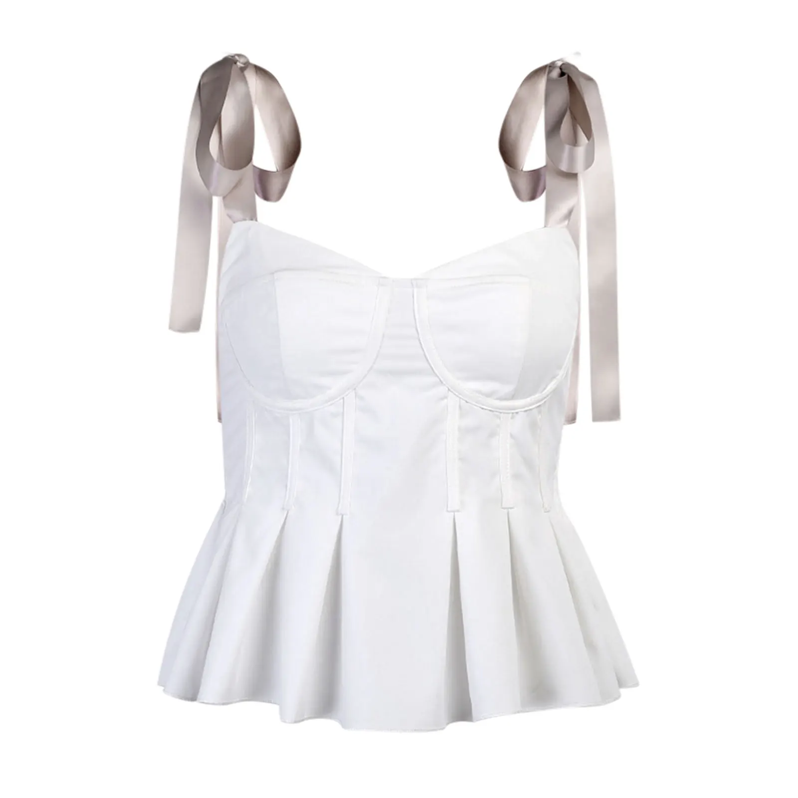 

Summer Cute Tank Tops White Solid Color Tied-Up Shoulder Straps V-Neck Backless Pleating Tucked Ruffle Hem Sexy Vest for Girls