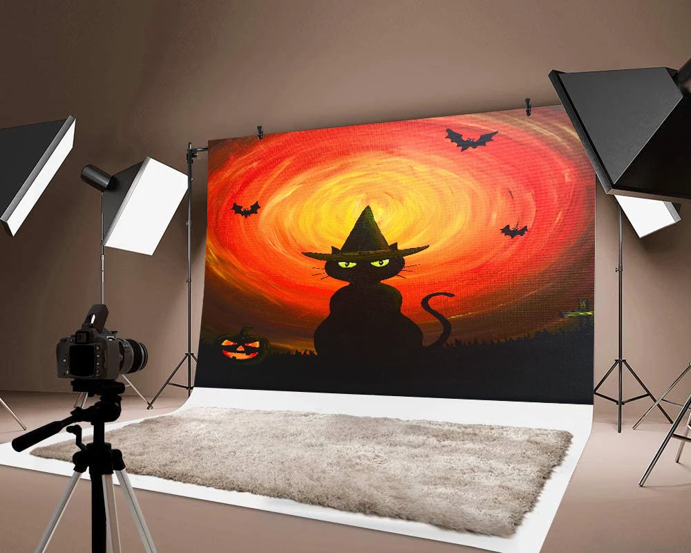 

Фон для фотографий Хэллоуин тонкий виниловый Черный кот Печатный праздничный фон фотография