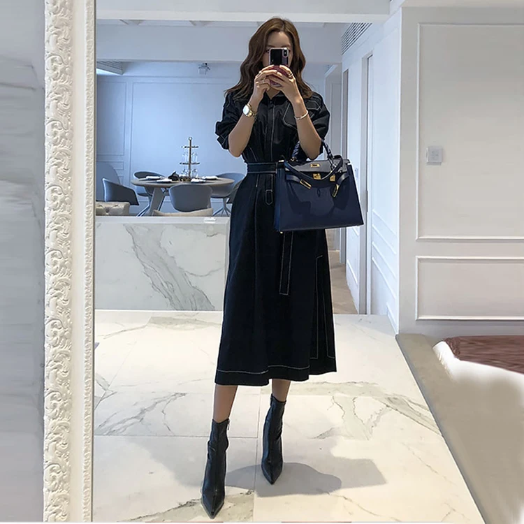 

2020 New Arrival Fashion Korean Women Autumn Jacket Dress Long Sleeve lace-up Sashes Retro Vestido Robe Femme Ete Sukienki