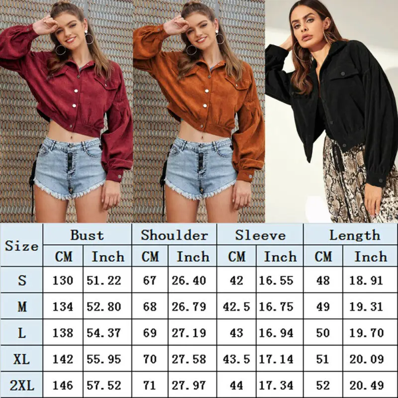 

Hirigin Women Casual Corduroy Coat Long Sleeve Solid Short Jacket Button Pocket Crop Coat Long Puff Sleeve OutWear Pockets Top