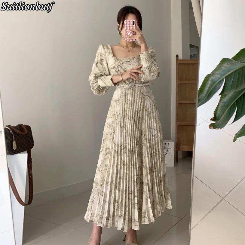 

Water-color Printed Korean Chiffon Long Dress Women Lantern Sleeve Square Collar Belted Pleated Elegant Female Dresses 2021 Traf