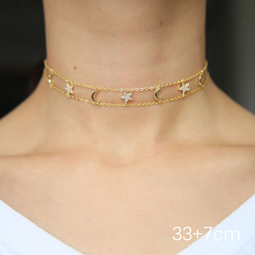 Gold color Cz луна звезда оберег ожерелье золотой розовый серебряный цвет Весна чокер двойная цепь нежный Искрящийся cz ожерелье с Луной и звездой - Окраска металла: Gold color