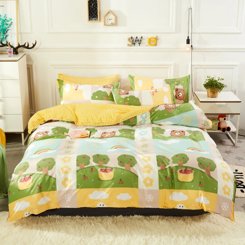 

3pcs/4pcs Cartoon Bear Prints Bedding Sets Soft Duvet Bed Cover Comforter Flat Sheet Twin Full Queen King Size Free Pillowcases