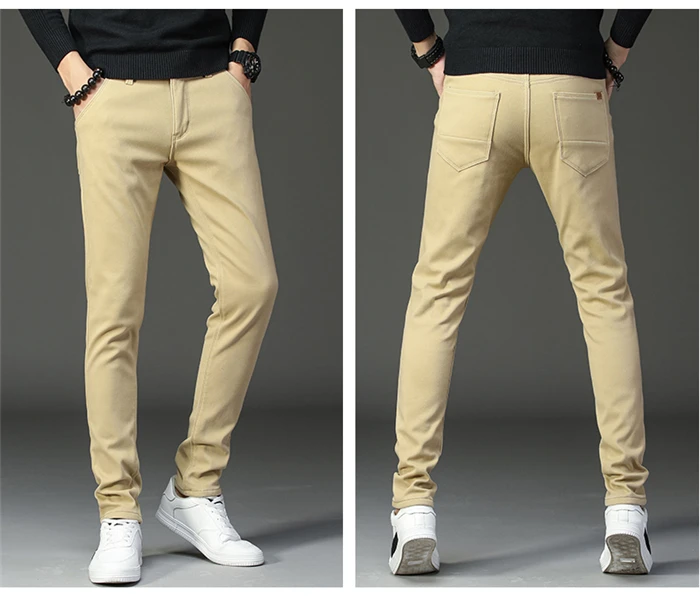 Зимние новые мужские теплые повседневные брюки бизнес мода Slim Fit стрейч плотные брюки мужские брендовые хаки ВМФ серые брюки