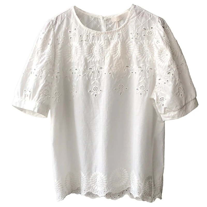 

Sweet O-neck Puff Sleeve Solid Casual Shirts Hook Flower Hollow Out Loose Fitting Women Tops 2021 Summer New Chic Blouses