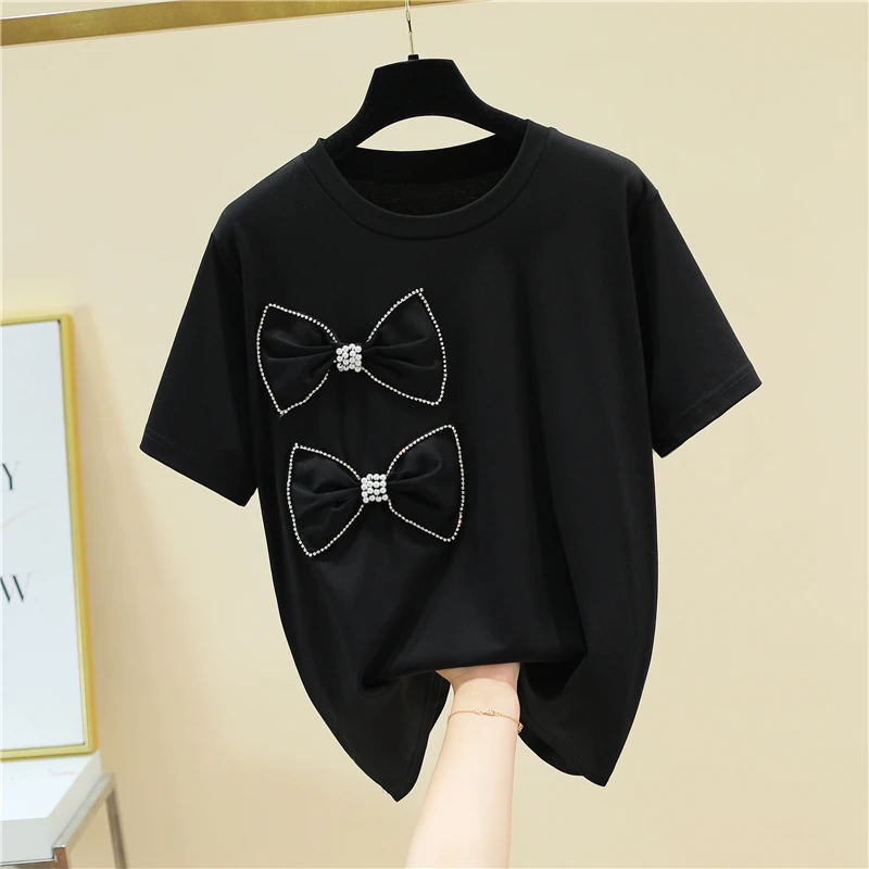 

Bow Splicing Beads Diamond Loose Short-Sleeved T-shirt Female 2021 Summer Fashion Plain Clothing New Ladies Top Bottom T Shirt