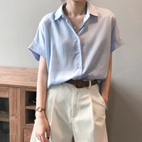 casual basic short sleeve blouse women v neck loose office formal shirt female fashion blue white cardigan girl tops 2021 new