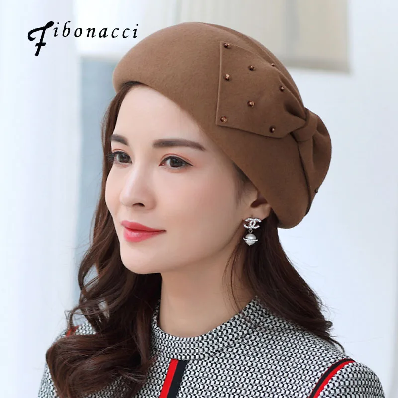 

Fibonacci Hat Elegant Female Berets Wool Felt Cap Bow Sequin Embellishment Beret Hats for Women Church Dinner Formal Fedoras