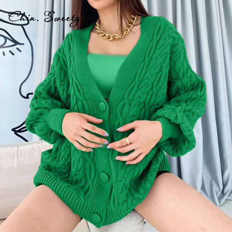 

Twist Knit Women's Oversize Sweater Cardigan 2021 Winter New Buttons Long Sleeve Loose V-neck Knitwear Ladies Office Lady Jumper