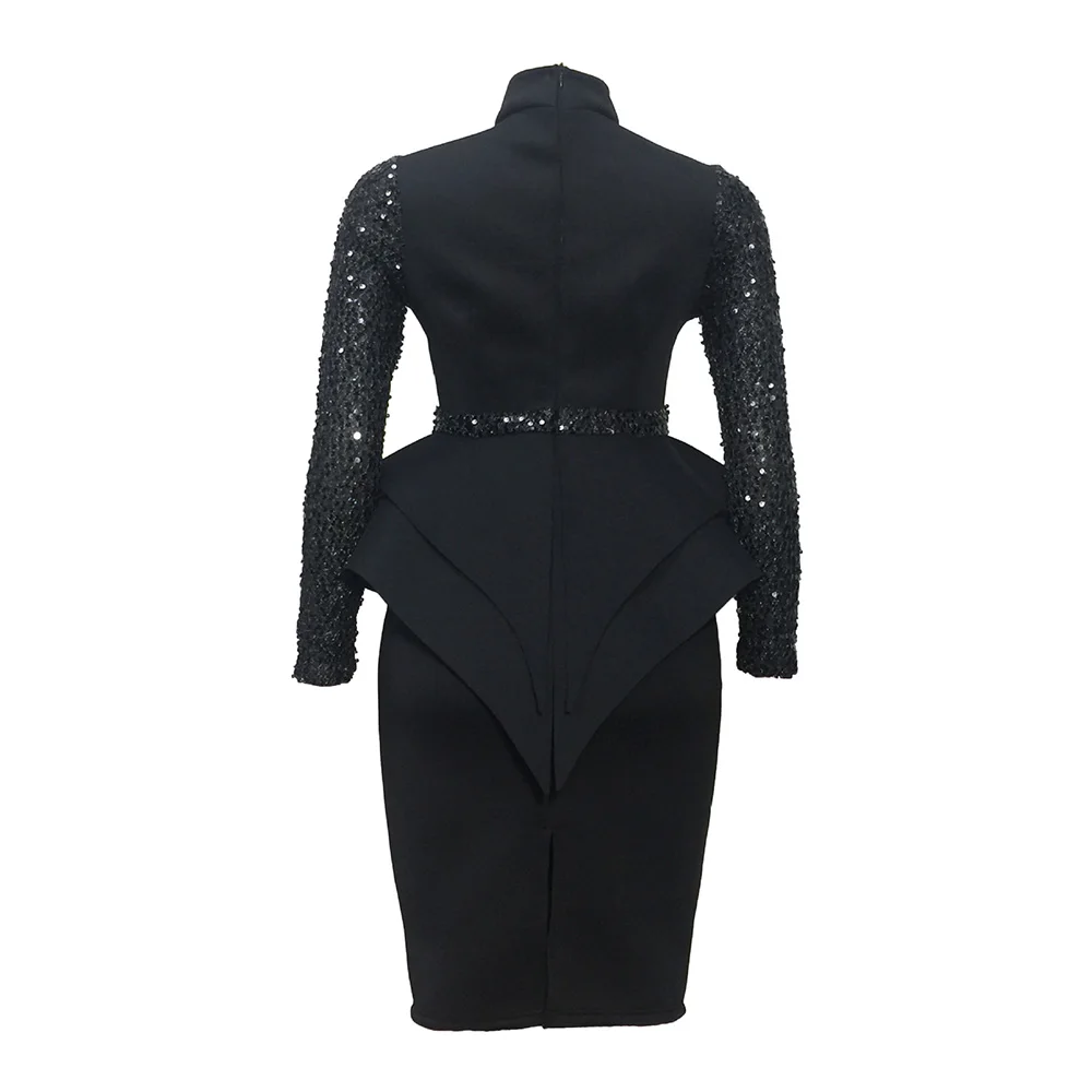 Осеннее женское облегающее платье с блестками длинным рукавом и рюшами вечернее