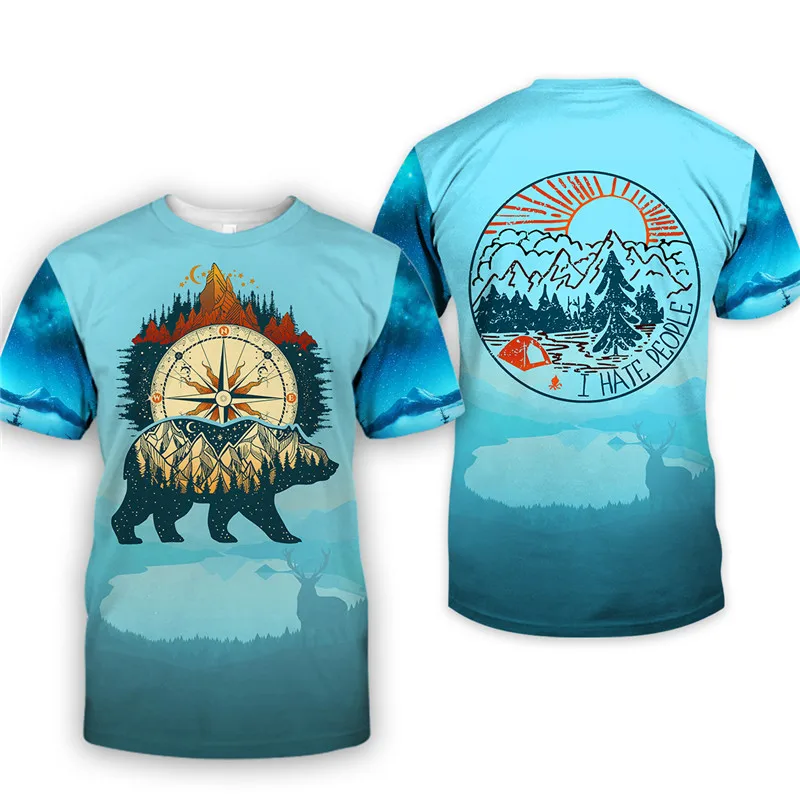 

Soul Catcher Graffiti Bear Print Casual Blue Short Sleeve T-Shirt