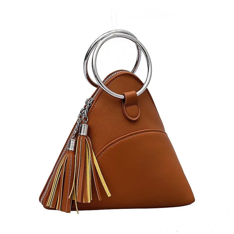 

Simple Triangle PU Leather Wrist Clutch Bag For Women 2021 Mini Handbags And Purses Fashion Lron Ring Handle Tassel Chain Design