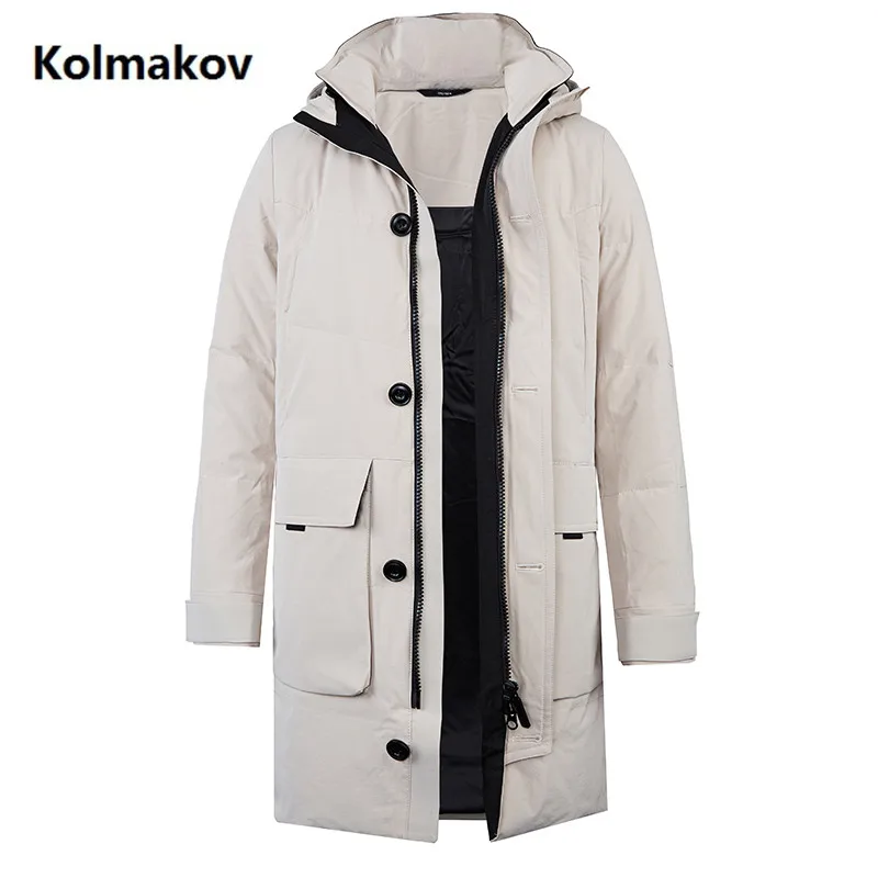 Мужская куртка на утином пуху KOLMAKOV бежевая и черная утепленная с капюшоном