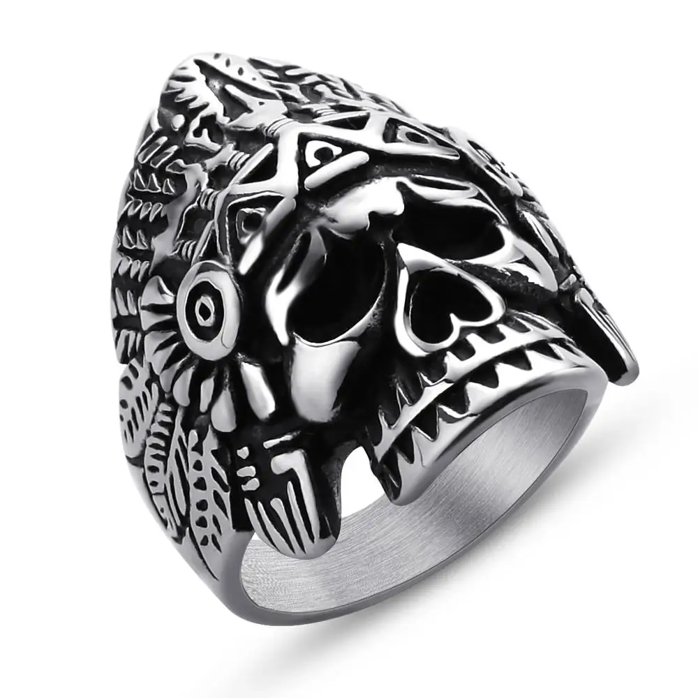 

Valily Feather Dayak Indian Cheaf Headdress Skull Rings Stainless Steel Punk Vintage Men's Silver Black Ring Biker Jewelry Gift
