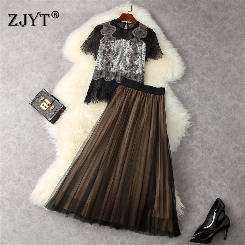 

Fashion Designers Summer Women's Clothing 2021 Short Sleeve Lace Shirt and Midi Mesh Skirt 2 Piece Suit Set Casual Lady Outfits