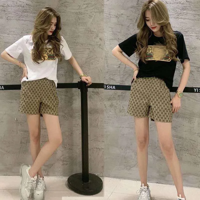 

Fashionable Wide Leg Pants Suit Women's Summer Elastic Waist Shorts + Short Sleeve T-Shirt