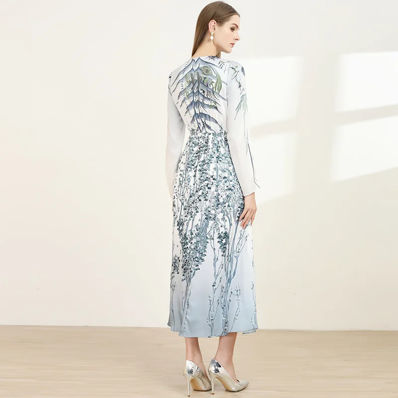 

Spring NEW round Neck Long Sleeve Printed Gradient A- line Elegant Graceful Fashion Dress Women's Long Dress