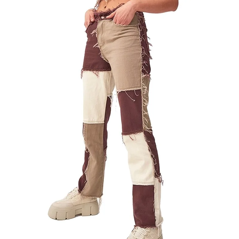 Прямые джинсовые брюки в стиле пэчворк с высокой талией коричневые рваные джинсы