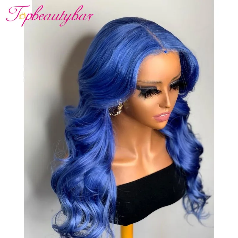 

Blue 180 Density Brazilian Remy Wave Hair Lace Front Wigs Blue Highlight Colored Lace Front Human Hair Wigs For Women