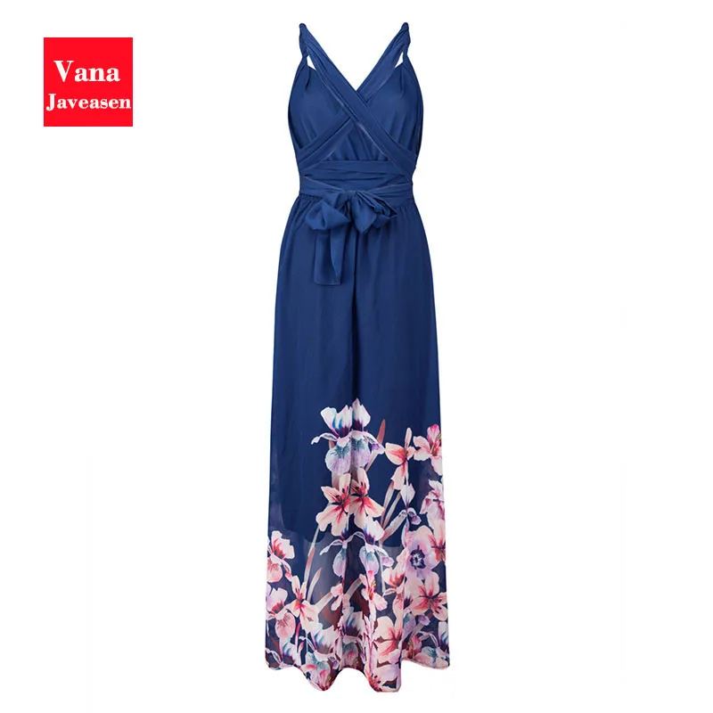 

Blue Flower Print A-line Dress Women Sexy V-neck Sling Dresses Party Summer Beach Backless Sashes Lacing Dress Vestidos