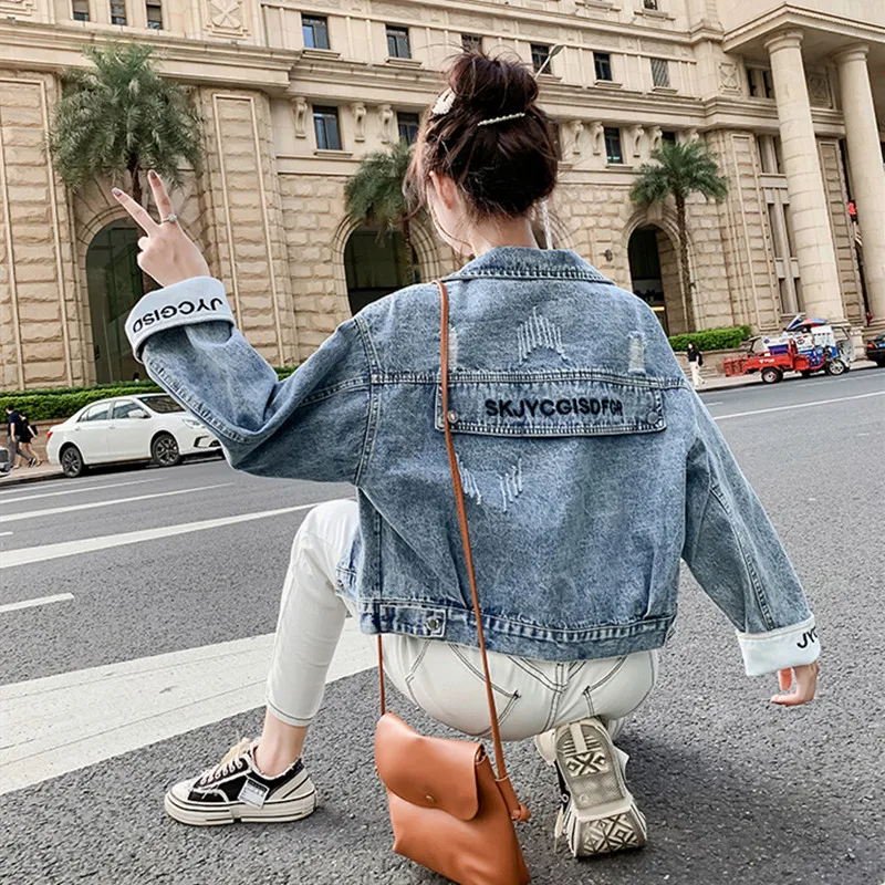 2019 Новая модная джинсовая куртка с буквенным принтом светло-голубой бомбер