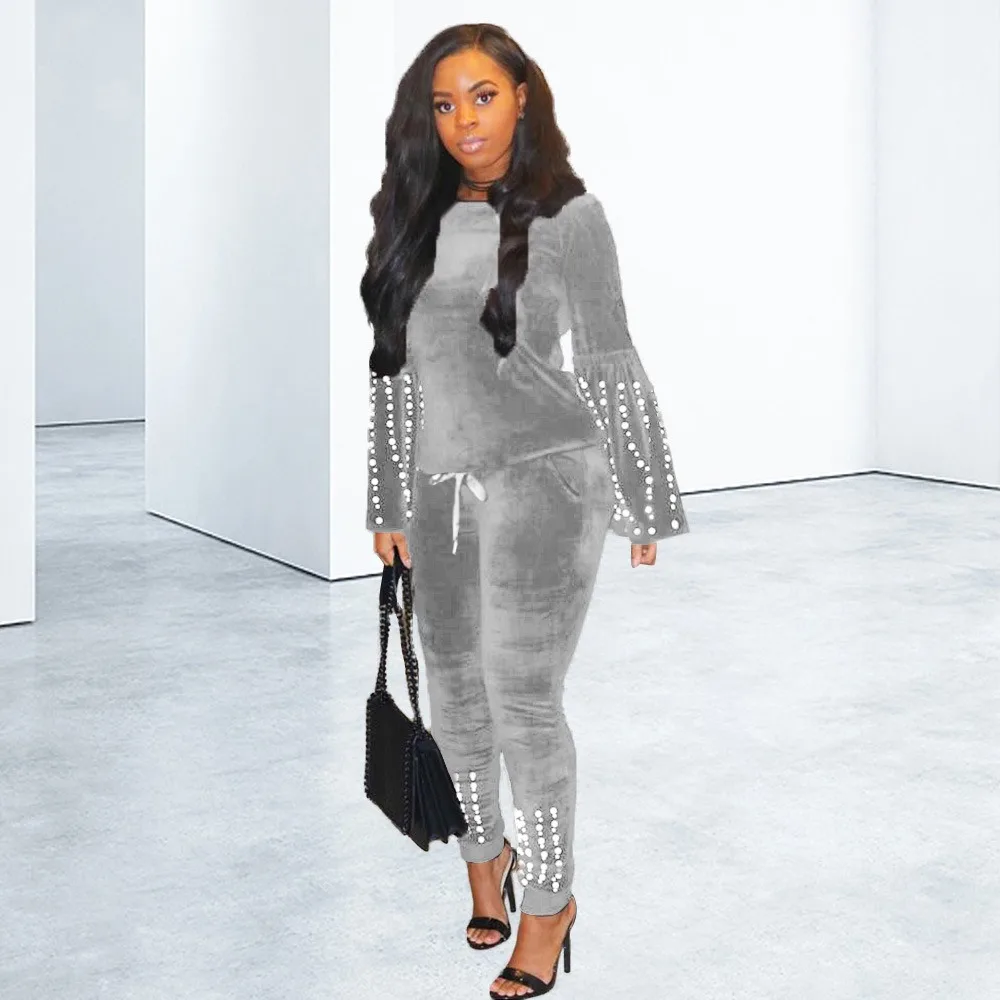 Весна 2020 Женский Бархатный спортивный костюм из 2 предметов расшитый бисером