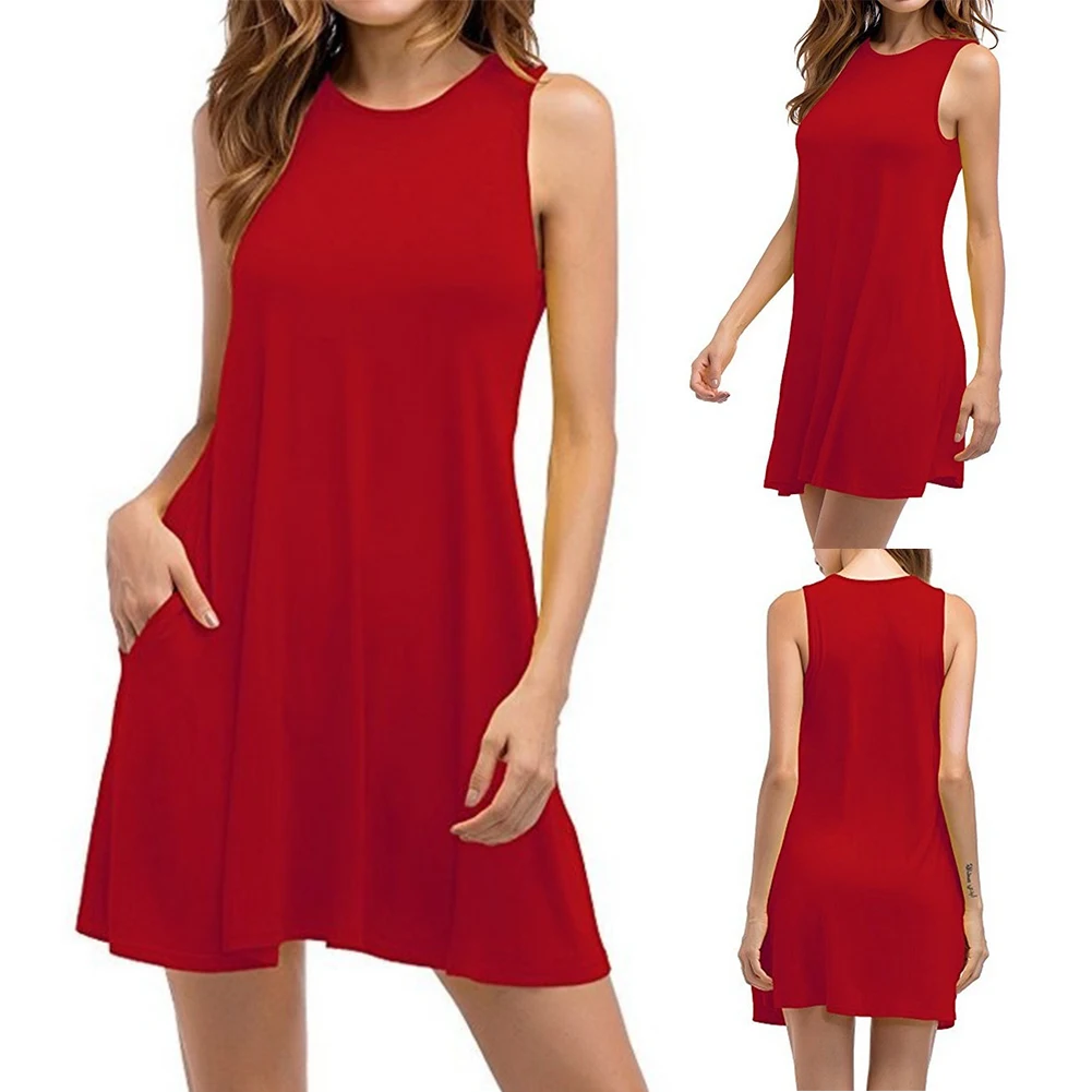 

Summer Loose Plus Size Solid ColorWomen Sleeveless Mini Dress with Pockets Elegant Women Dress