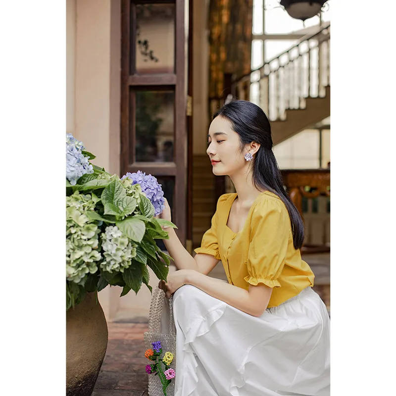 Летняя классическая блузка INAMN в стиле ретро с квадратным вырезом и коротким