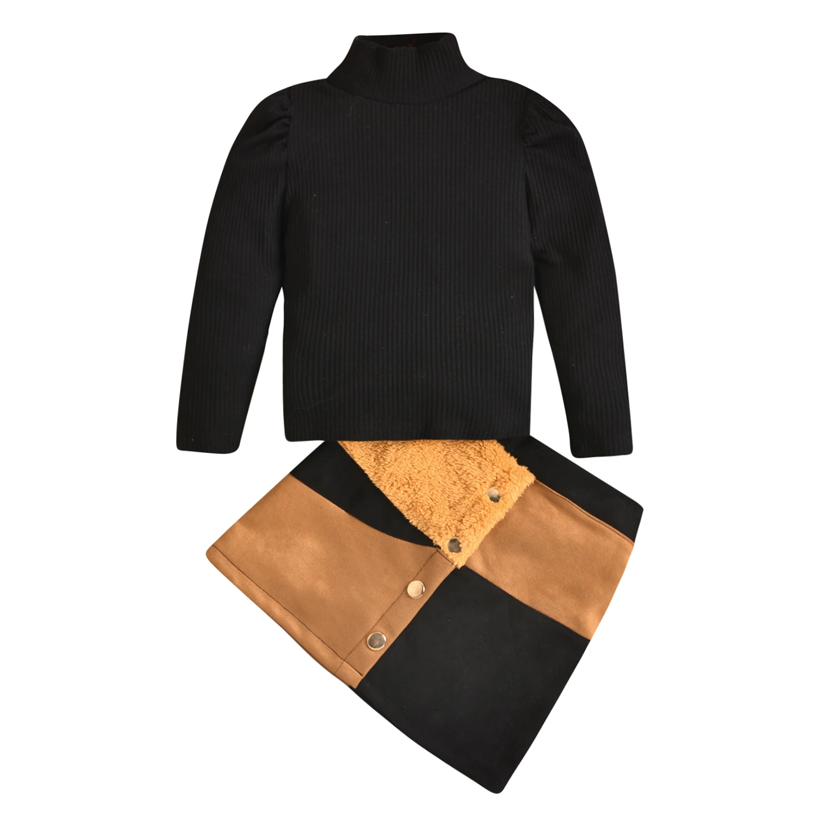 

Kids Baby Girls Clothes Solid Color Long Sleeve High-neck Knitted Sweater Tops Patchwork Button Skirt Set Autumn Spring Outfit