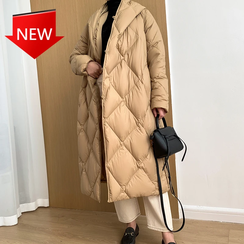 

Duck Down Jacket Long Puffer Fluffy Coat Hooded Female Loose Feather Parkas Ultra Light Women's Winter 90% White